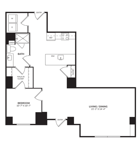 Floor plan for 1 bed, 1 bath, 1023 sqft